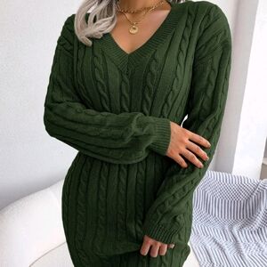 Cable Knit V-Neck Sweater Dress - Dark Green